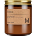 M&SENSE Santal Scented Candle front view in amber glass jar with gold lid