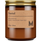 M&SENSE Santal Scented Candle front view in amber glass jar with gold lid