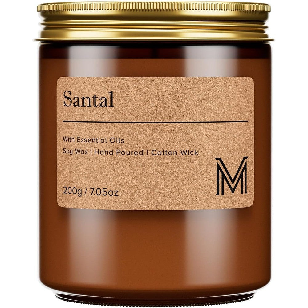 M&SENSE Santal Scented Candle front view in amber glass jar with gold lid