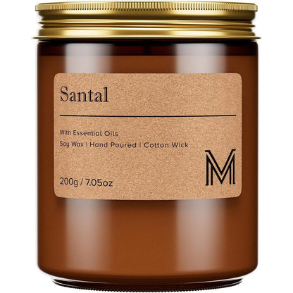 M&SENSE Santal Scented Candle front view in amber glass jar with gold lid