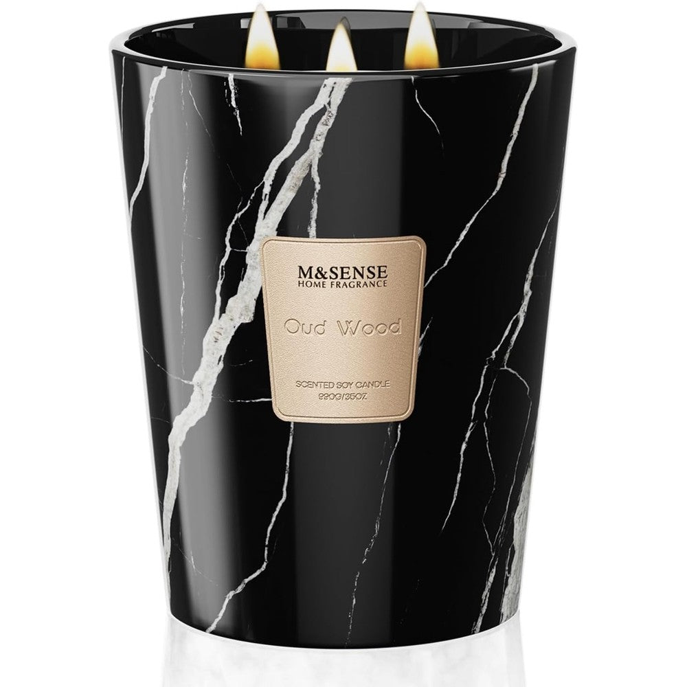 M&SENSE Extra Large Oud Wood Candle front view in marble glass jar