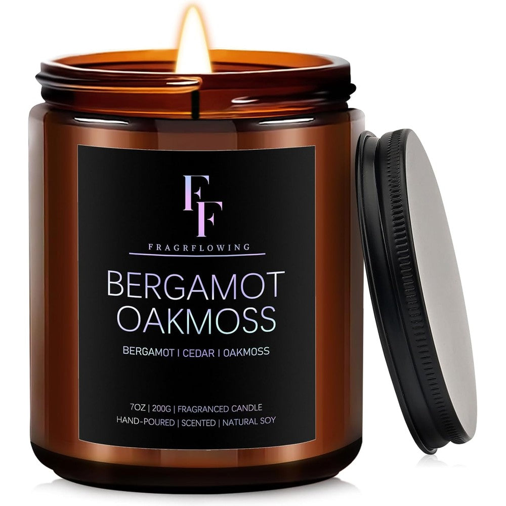 FF FRAGRFLOWING Bergamot Oakmoss candle front view in amber jar.