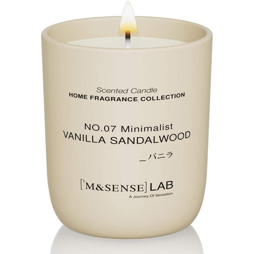 M&SENSE Vanilla Sandalwood Soy Candle front view in minimalist glass jar