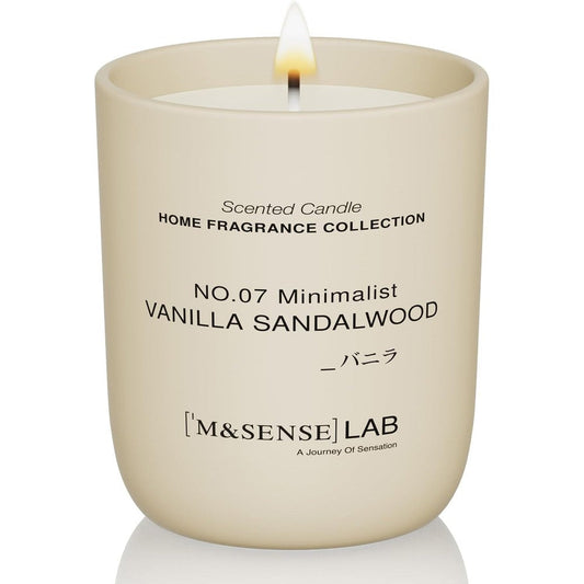 M&SENSE Vanilla Sandalwood Soy Candle front view in minimalist glass jar