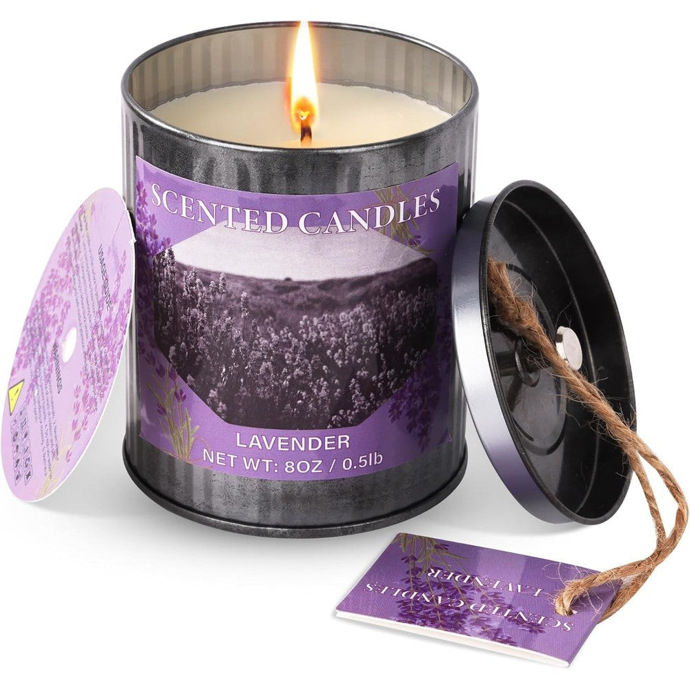 CUKIY Lavender Scented Soy Candle front view in black metal tin.