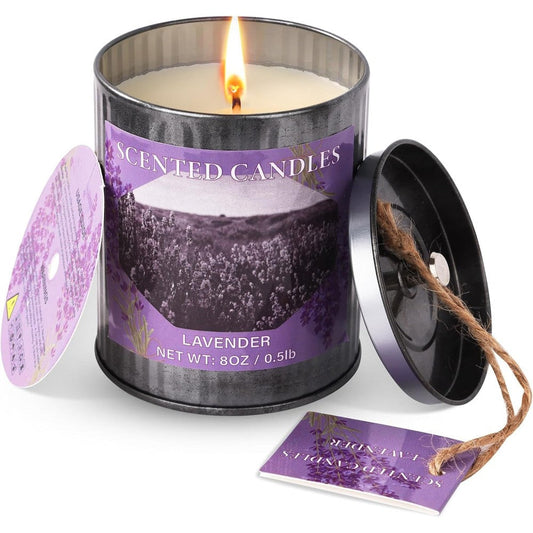 CUKIY Lavender Scented Soy Candle front view in black metal tin.