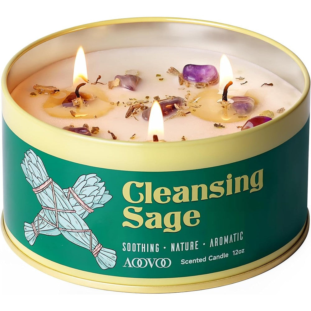 AOOVOO Sage Candle front view in iron tin for energy cleansing.