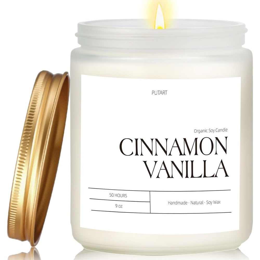 Putart Cinnamon Vanilla Candle front view in frosted white glass jar
