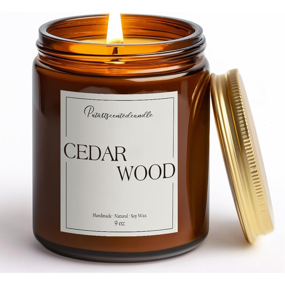 Putart Cedar Wood Scented Candle front view in amber glass jar for home fragrance.