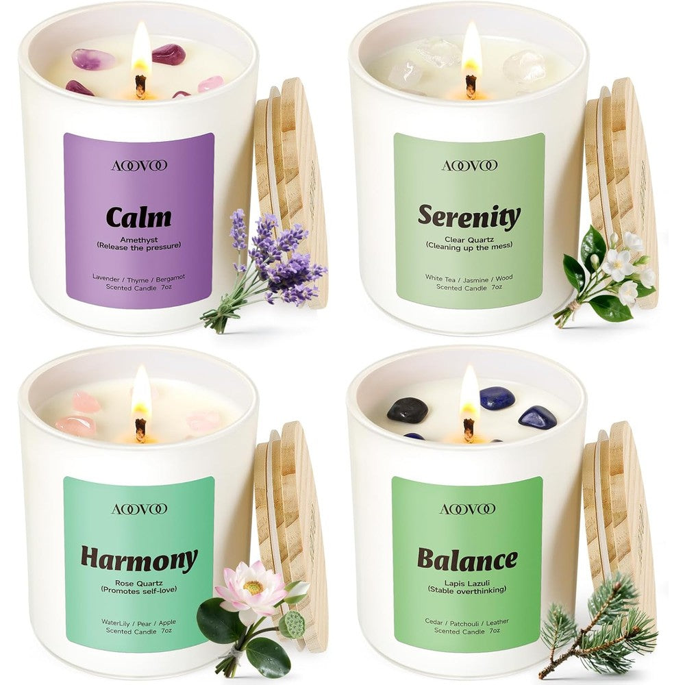 AOOVOO Calm Candles Set 4 pack front view showcasing luxury packaging.