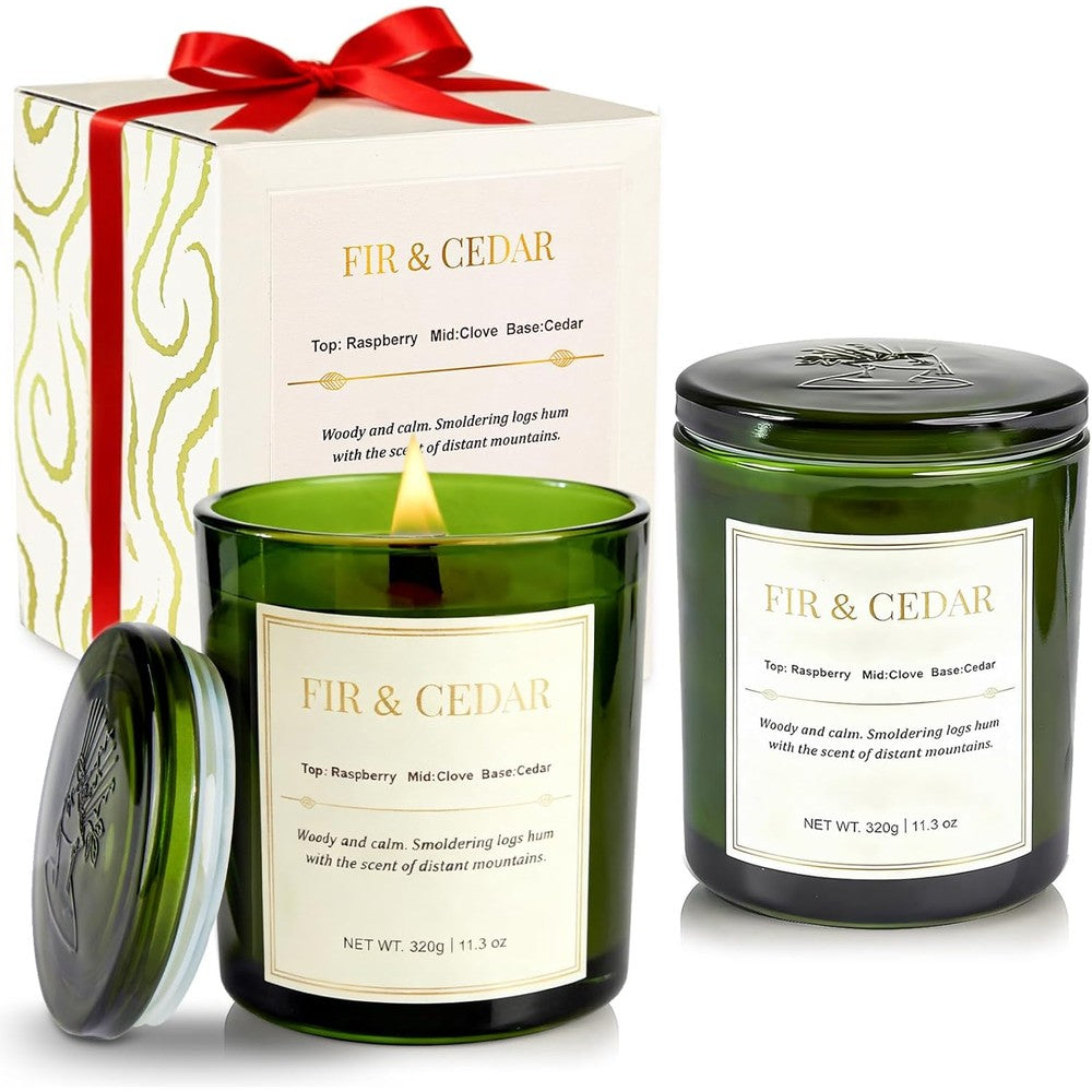 CJVIUS Wood Wick Scented Candle 2 Pack front view in green glass jars