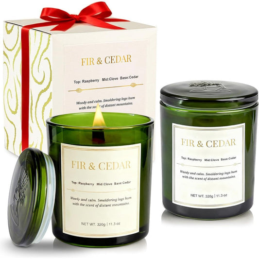 CJVIUS Wood Wick Scented Candle 2 Pack front view in green glass jars