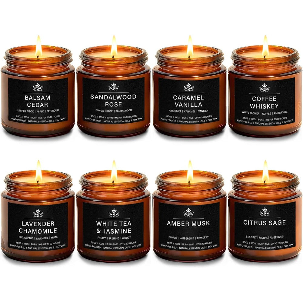 Feibao 8 pack soy wax scented candle set front view showing amber jars and gift box