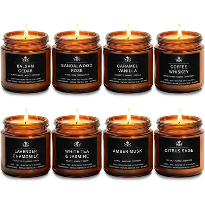 Feibao 8 pack soy wax scented candle set front view showing amber jars and gift box