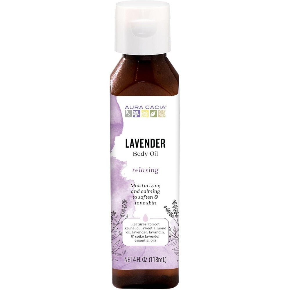 Aura Cacia Relaxing Lavender Body Oil front view of 4 fluid ounce bottle.