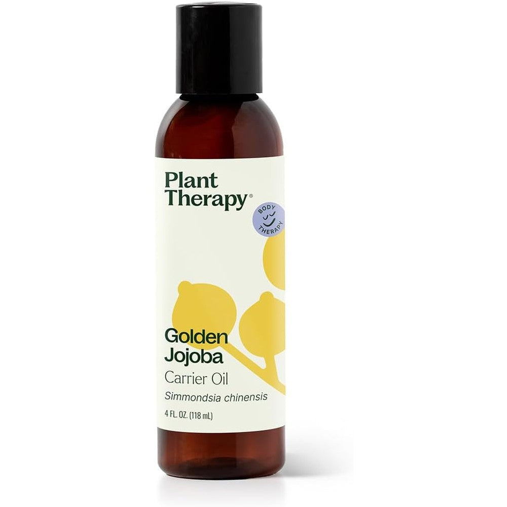 Plant Therapy Golden Jojoba Carrier Oil four ounce bottle front view authentic skincare.