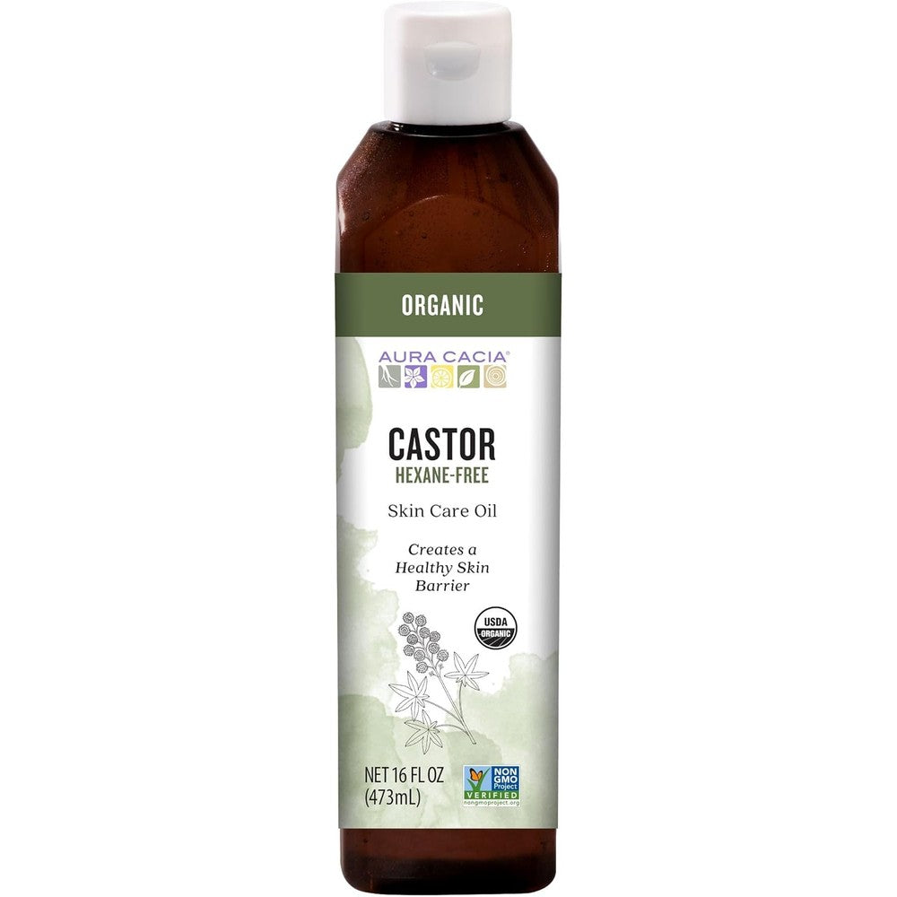 Aura Cacia Organic Castor Oil 16 Fluid Ounce front bottle view showing USDA Organic seal.