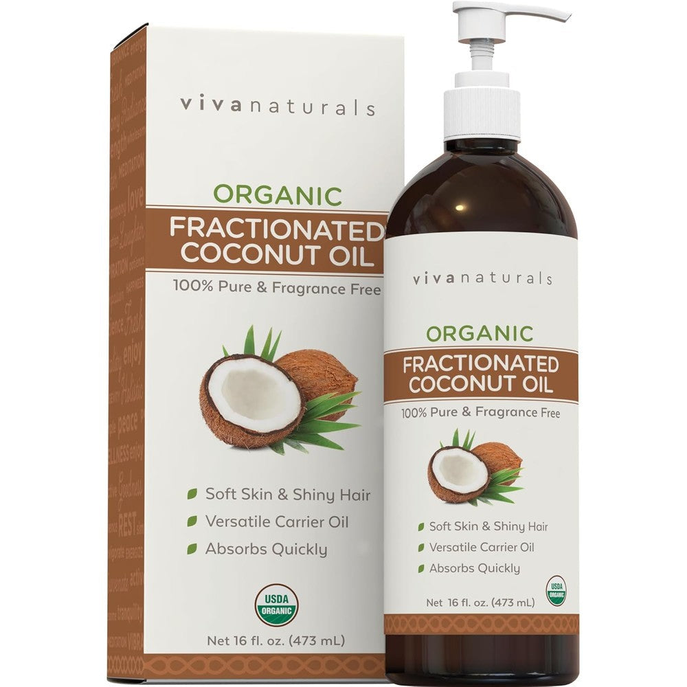 Viva Naturals Organic Fractionated Coconut Oil front view showing 16 fluid ounce bottle