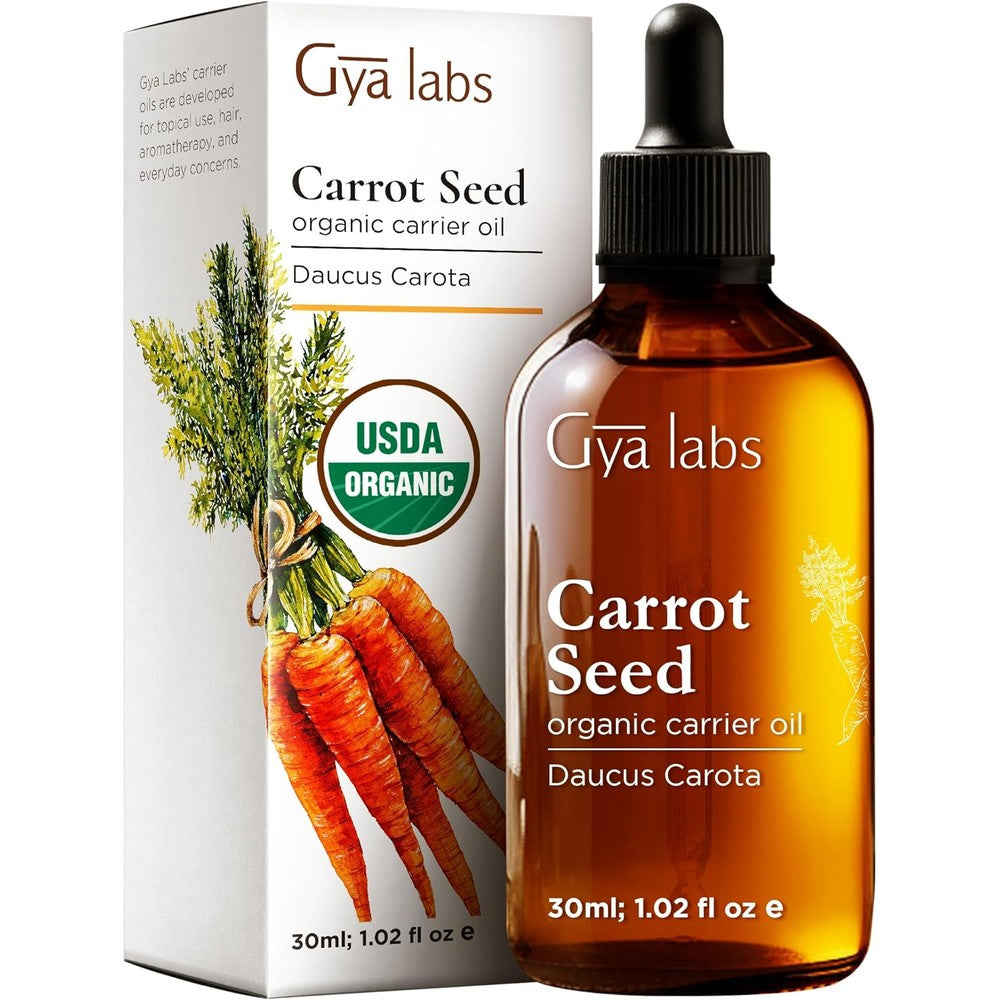 Gya Labs Organic Carrot Seed Oil 1 Fluid Ounce bottle front view for skin hydration
