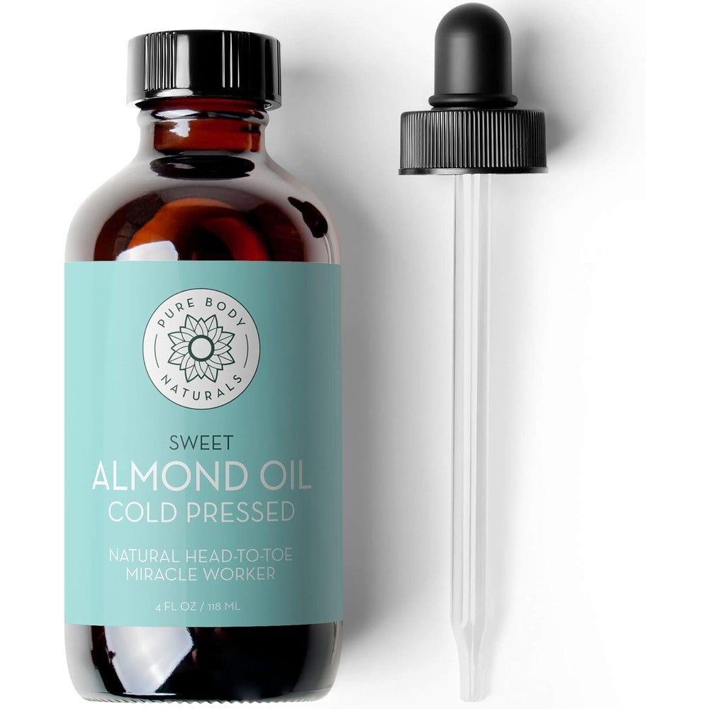 Pure Body Naturals Sweet Almond Oil four fluid ounce glass bottle front view