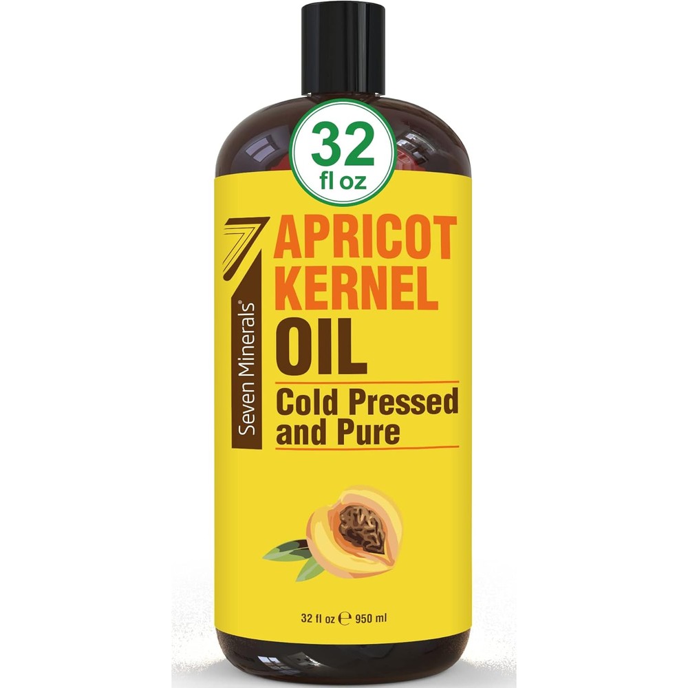 Seven Minerals Pure Cold Pressed Apricot Kernel Oil 32 ounce bottle front view for skincare.
