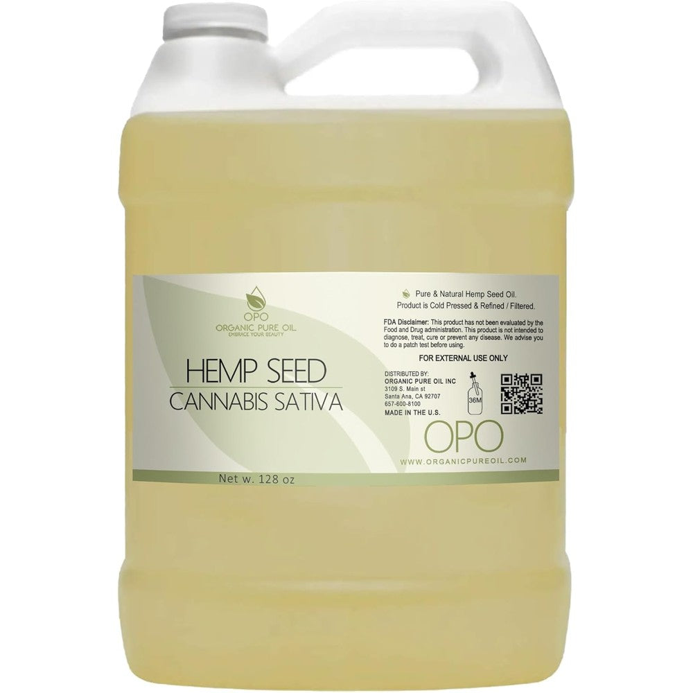 OPO Hemp Seed Oil front view of one gallon bulk bottle