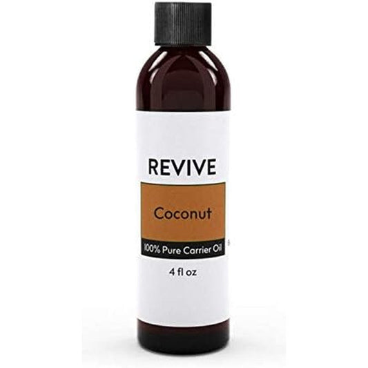 REVIVEEO Fractionated Coconut Carrier Oil 4 Fluid Ounce bottle front view for aromatherapy.