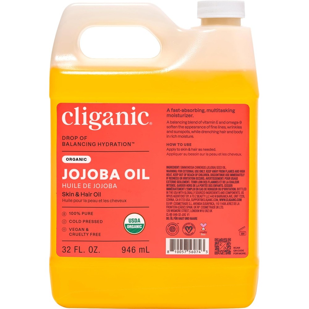 Cliganic Organic Jojoba Oil 32 Ounce front view natural moisturizer
