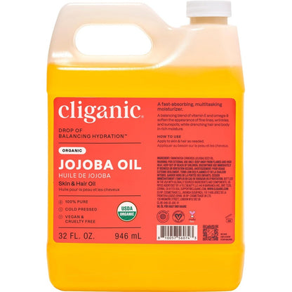 Cliganic Organic Jojoba Oil 32 Ounce front view natural moisturizer