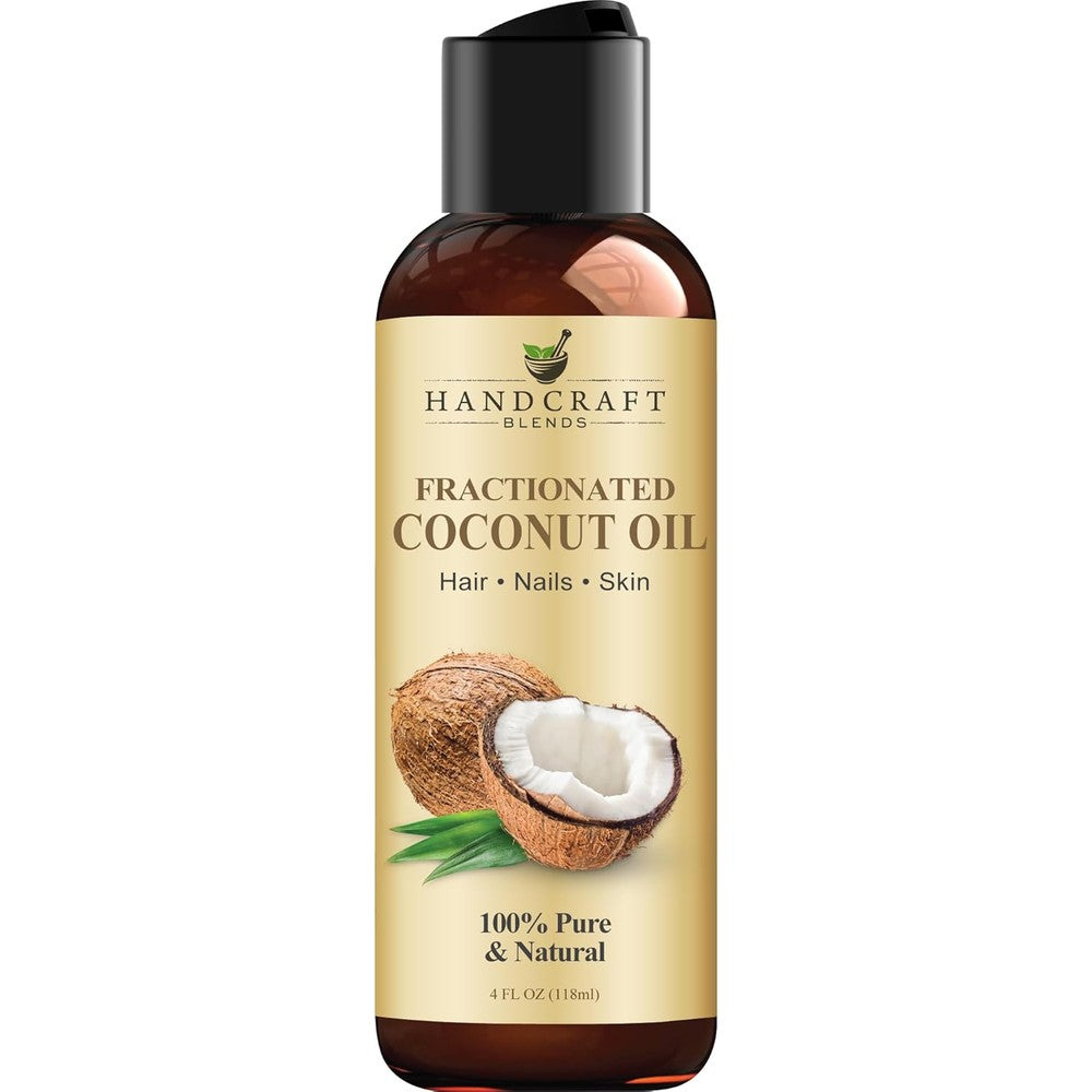 Handcraft Blends Fractionated Coconut Oil 4 Fluid Ounce bottle front view showing 100 percent pure label.