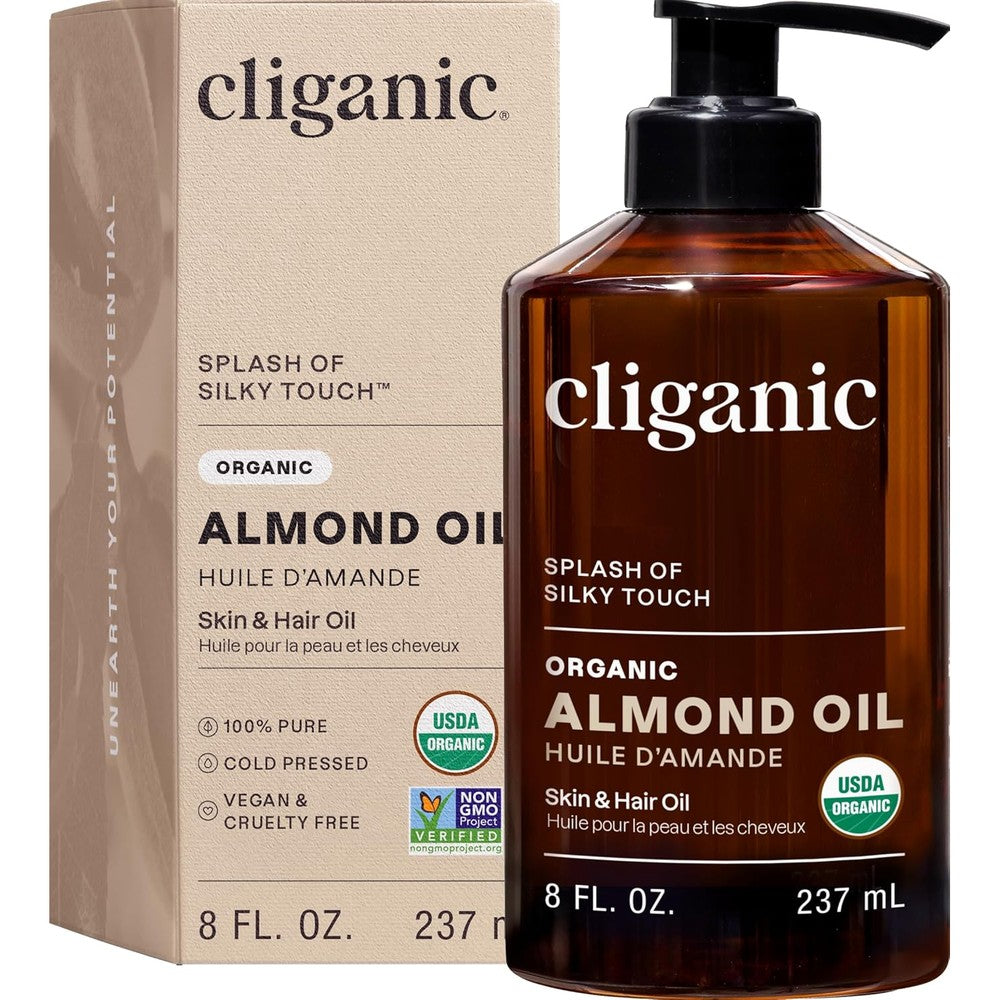 Cliganic Organic Sweet Almond Oil 8 Fluid Ounce front bottle view showing USDA Organic seal.