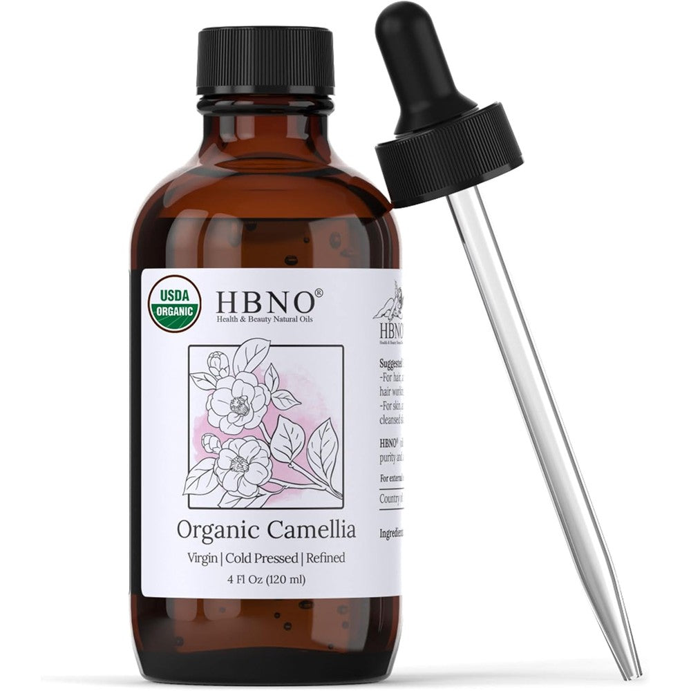HBNO Organic Camellia Oil 4 Ounce bottle front view authentic carrier oil