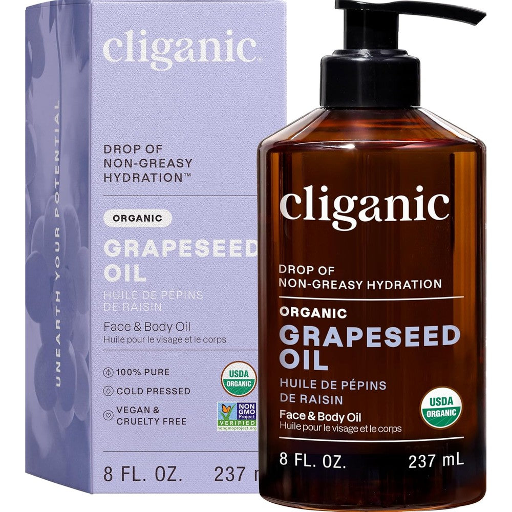 Cliganic Organic Grapeseed Oil front view of 237ml bottle for facial hydration.