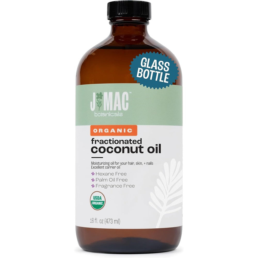 J MAC BOTANICALS Organic Fractionated Coconut Oil 16 Ounce glass bottle front view