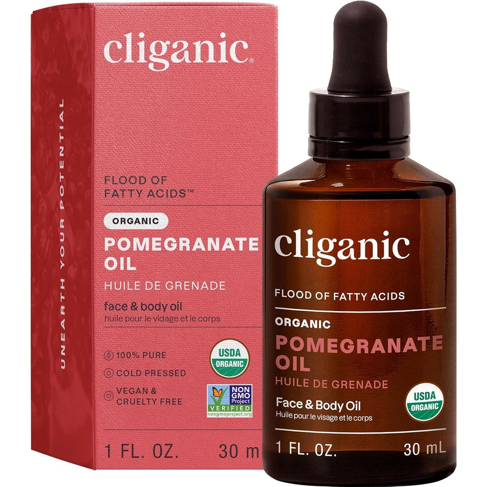 Cliganic Organic Pomegranate Seed Oil bottle front view for anti-aging skincare.