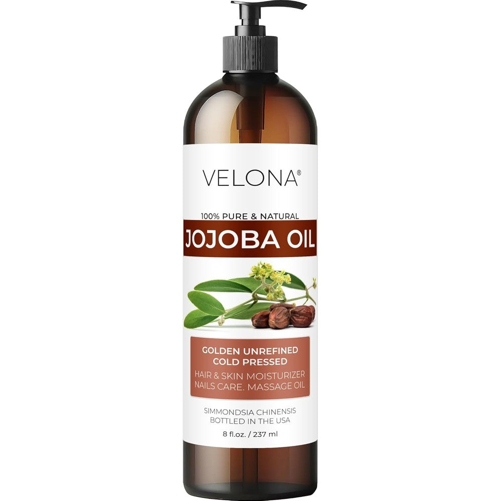 Velona Jojoba Oil 8 fluid ounce bottle with pump front view for natural skincare.