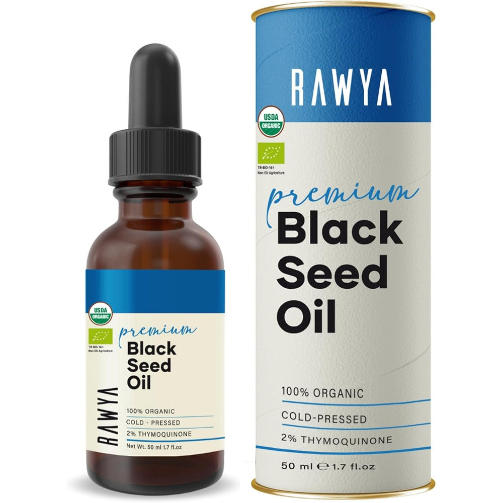 RAWYA Black Seed Oil front view of 1.7 fluid ounce glass bottle for immune support.