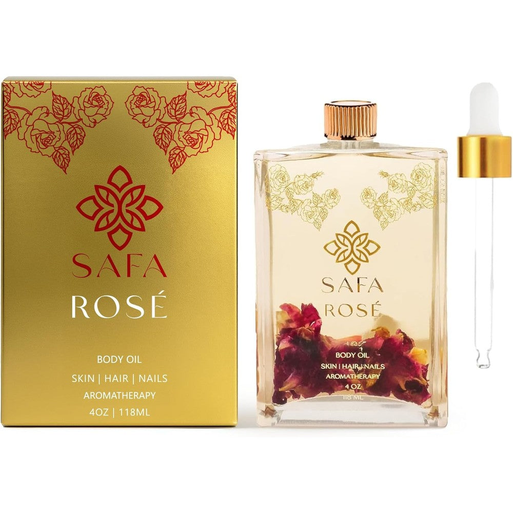 SAFA Rosé Oil 4 Fluid Ounce bottle front view showing real rose petals inside.
