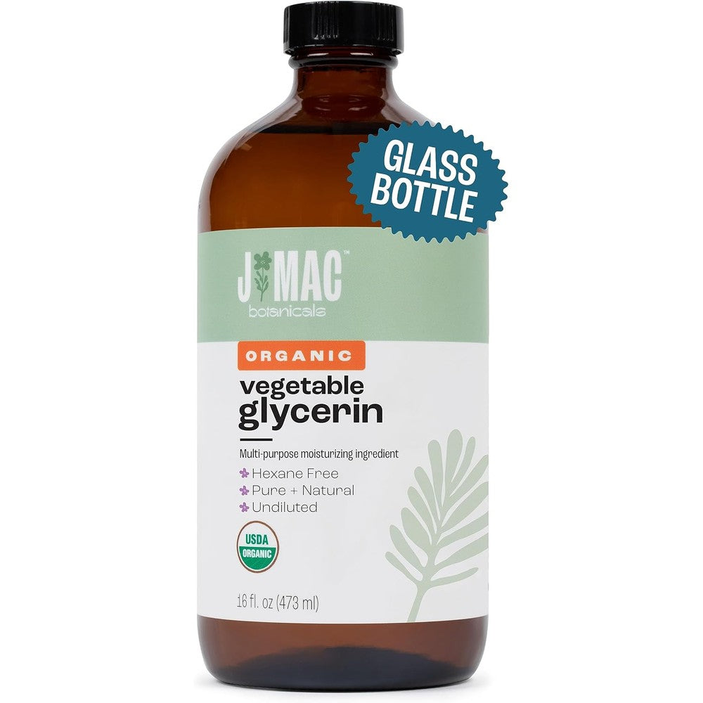 J MAC BOTANICALS Organic Vegetable Glycerin 16 fluid ounce glass bottle front view for moisturizing skin.