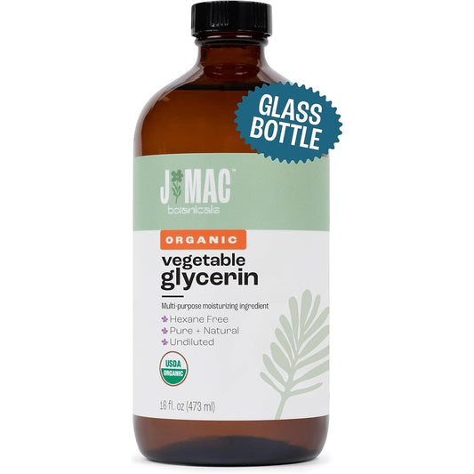 J MAC BOTANICALS Organic Vegetable Glycerin 16 fluid ounce glass bottle front view for moisturizing skin.