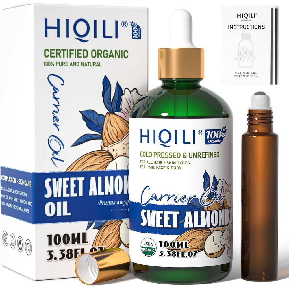 HIQILI Sweet Almond Oil front view of 100ml bottle and dropper.