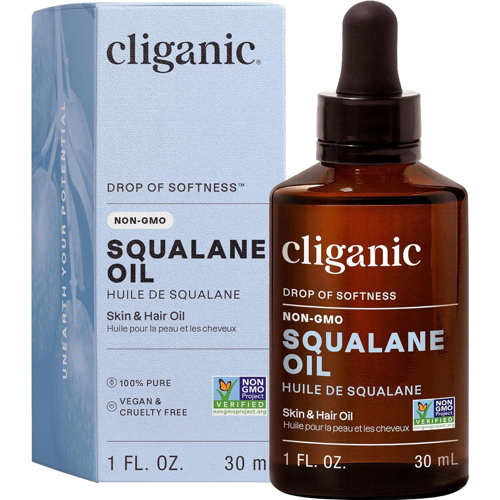 Cliganic Pure Squalane Oil 30ml front bottle view for facial hydration.