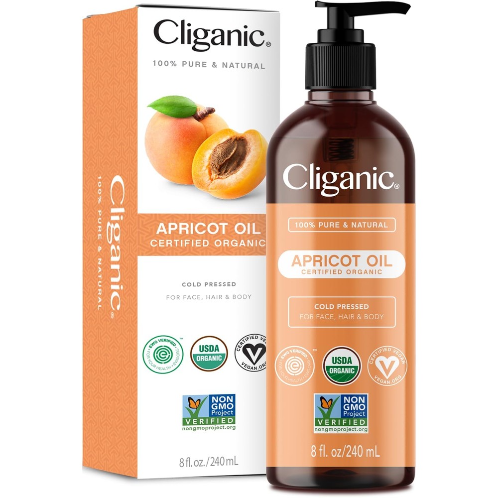 Cliganic Organic Apricot Oil 8 Fluid Ounce front view for natural skincare.