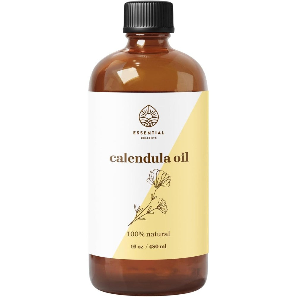 Essential Delights Calendula Oil 16 fluid ounce bottle front view for skin nourishment.
