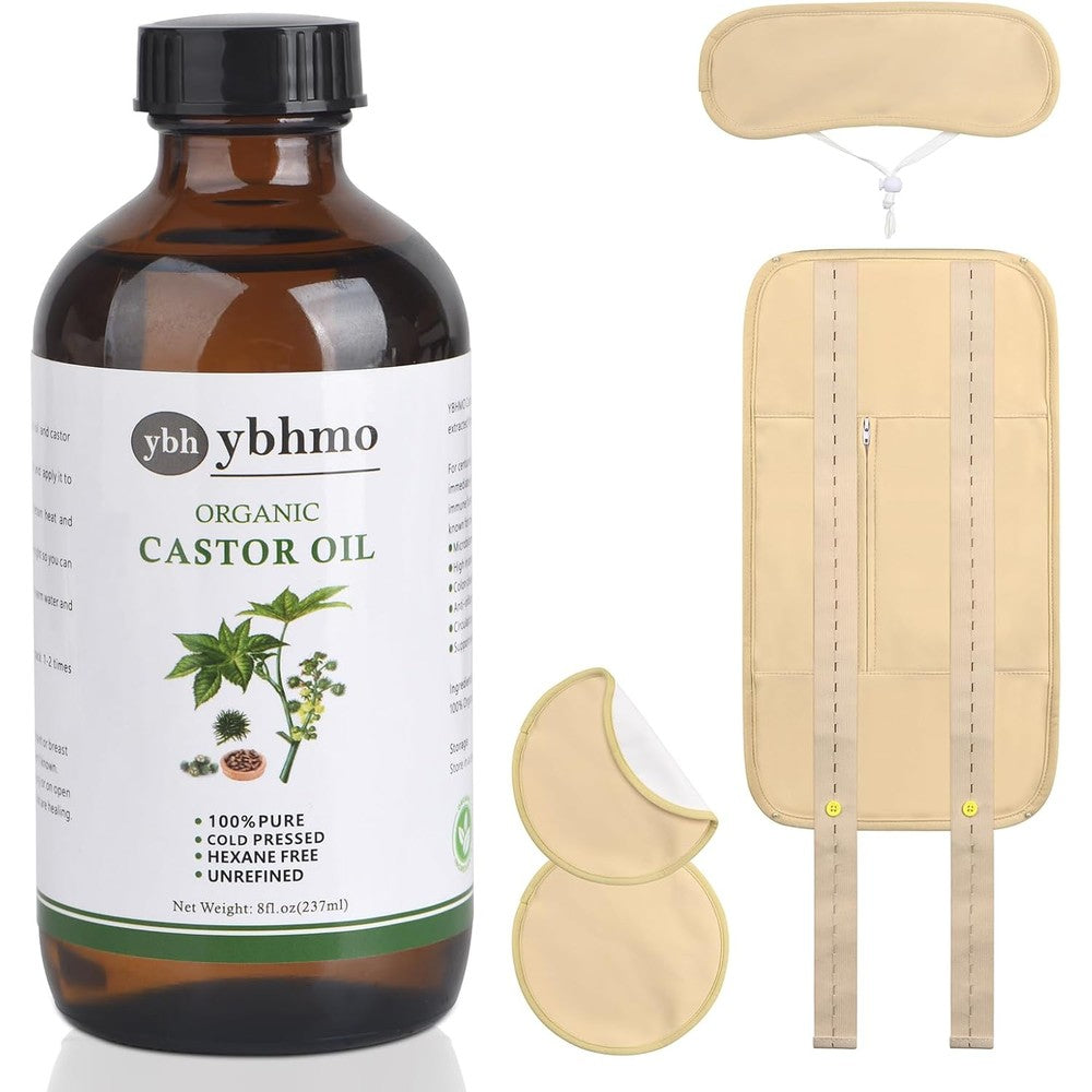 YBHMO Organic Castor Oil amber glass bottle and cotton wrap kit front view