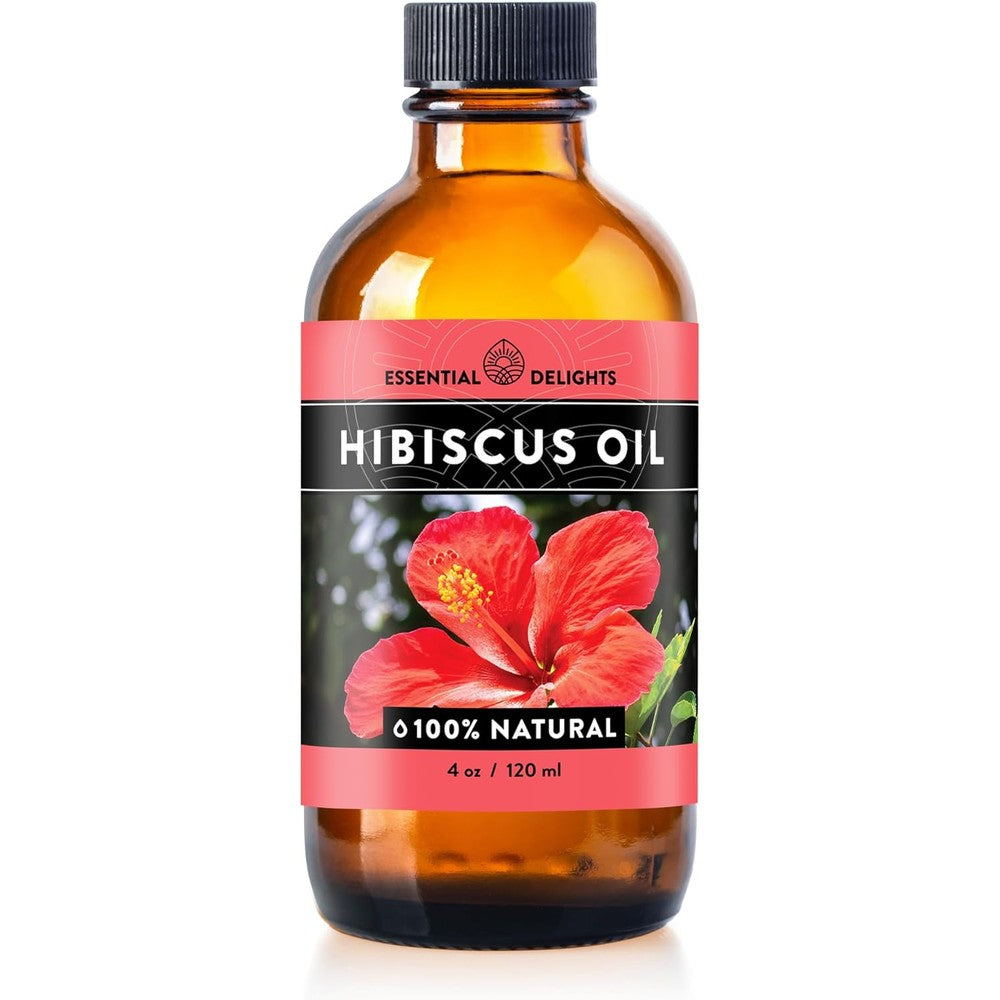 Essential Delights Hibiscus Oil 4 Ounce bottle front view for hair growth.