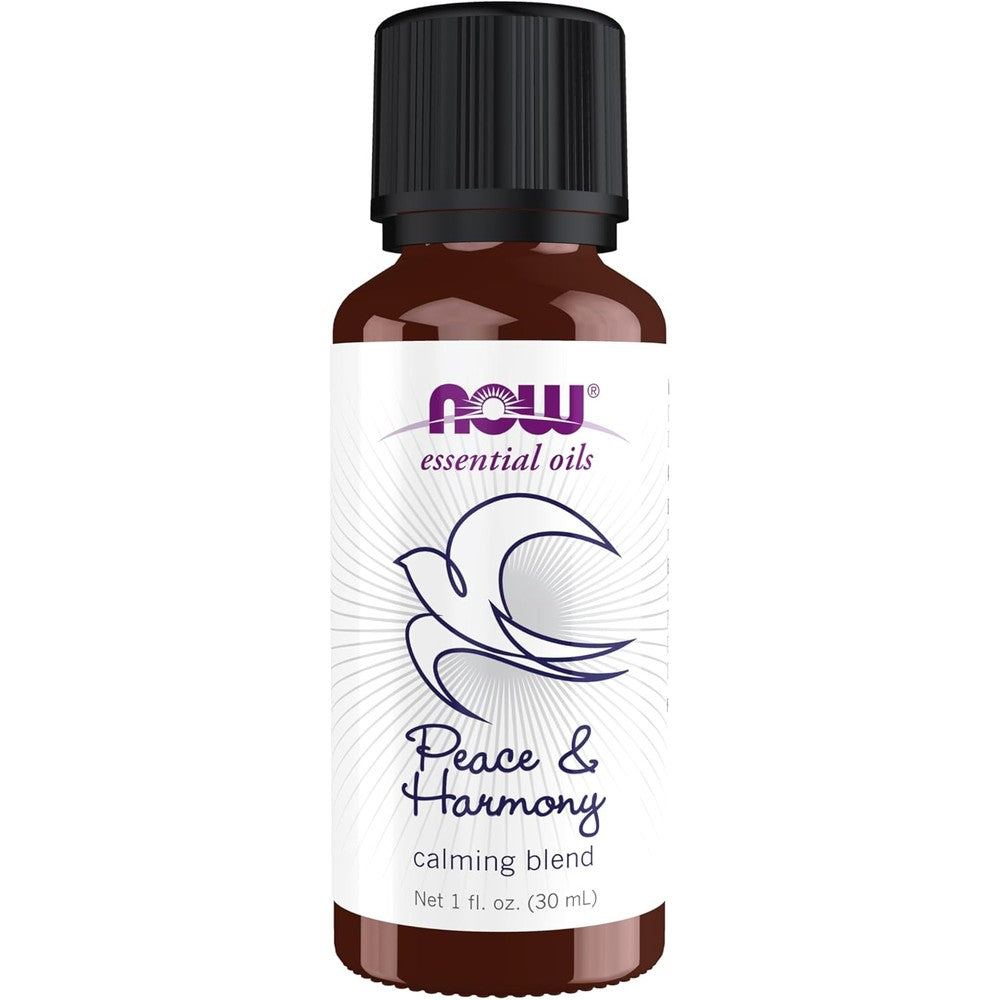 Now Foods Peace and Harmony Essential Oil 1 Ounce bottle front view showing calming blend label.
