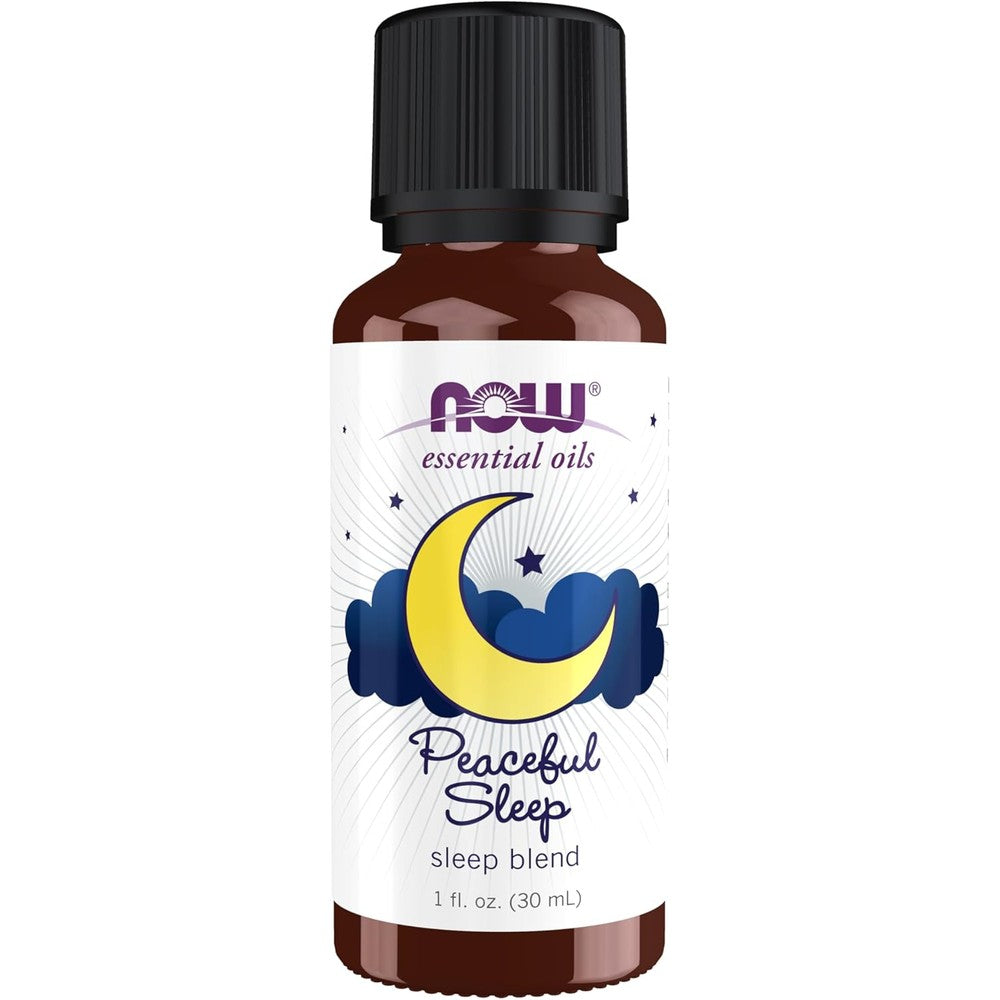 NOW Foods Peaceful Sleep Essential Oil Blend front bottle view for aromatherapy.