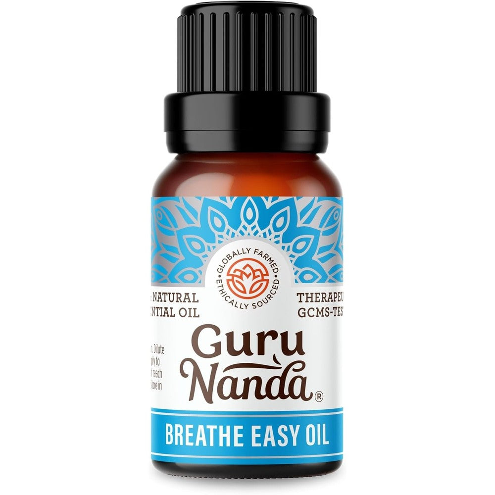 GuruNanda Breathe Easy Essential Oil bottle front view for nasal relief