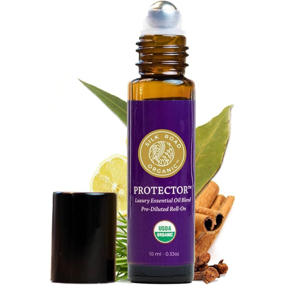 Silk Road Organic Protector Essential Oil Roll On front view for immunity support.